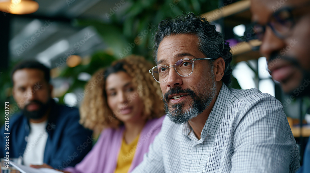 Obraz premium Worker cooperative board meeting with members reviewing shared profit distribution ledger at round table, democratic enterprise governance, employee owned organization finance, platform worker owner