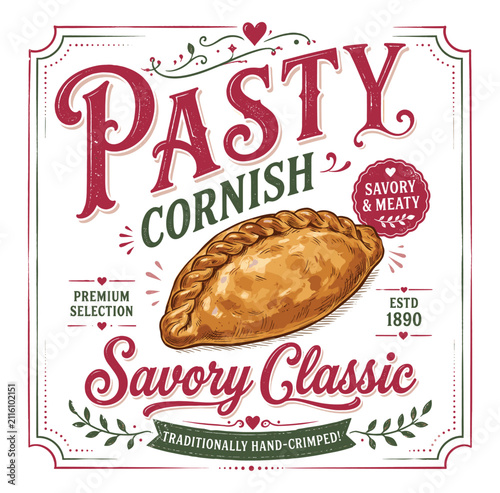 Bild auf Leinwand Vintage Hand Drawn Cornish Pasty Illustration Featuring Traditional Savory Meat