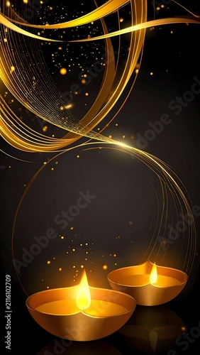 Diwali: Illuminated by the soft glow of two oil lamps, this image evokes a sense of sacredness and traditional festivity, with golden swirls and sparks dancing in the darkness.
