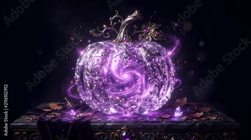 Transparent crystal pumpkin glowing with magical purple light, black background, luxury fantasy Halloween artwork