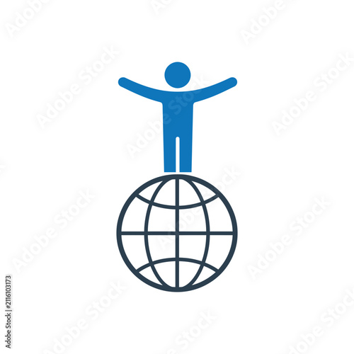 Person standing atop globe as global citizen icon