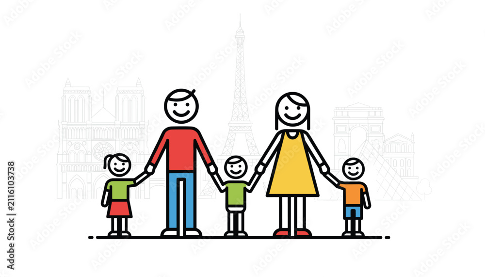 Fototapeta premium Stick figure drawing of a happy family holding hands with famous Paris landmarks like the Eiffel Tower in the background.
