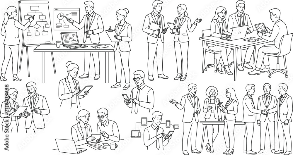 Obraz premium Vector line art illustration of business people collaborating networking and working in a corporate office