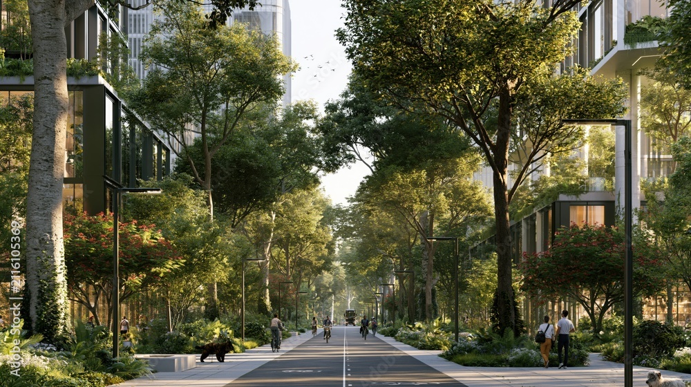 Naklejka premium Verdant Urban Corridor with Modern Architecture and Pedestrian Activity