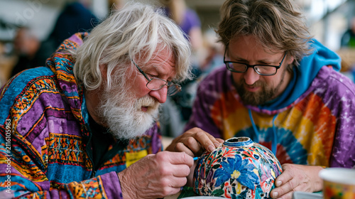 Repair cafe participant fixes broken ceramic lamp with elderly mentor guiding hand at crowded weekend community workshop, skill transfer circular economy, intergenerational repair event, zero waste 