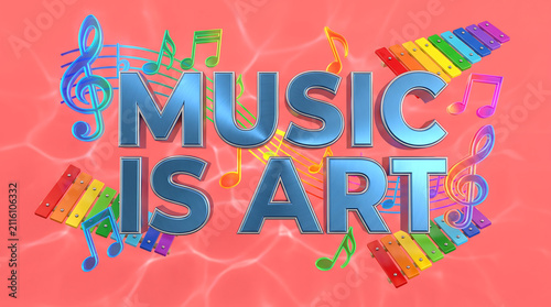 Vibrant 3D Musical Notes Flowing Around Music Is Art Typography On Bright Coral Background With Xylophone Keys