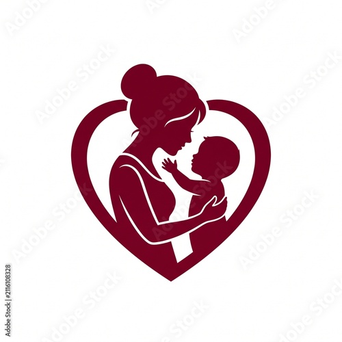 Elegant burgundy red silhouette logo of mother and baby forming a heart shape. Mother with bun hairstyle and child reaching up to her face, integrated into heart outline. Represents motherhood