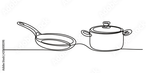 Continuous single line drawing of a frying pan and a cooking pot