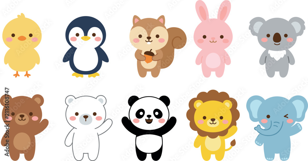 Fototapeta premium Cute Kawaii Baby Animal Cartoon Character Vector Clipart Set with Chick, Penguin, Squirrel, Rabbit, Koala, Bears, Panda, Lion, and Elephant Graphic Elements