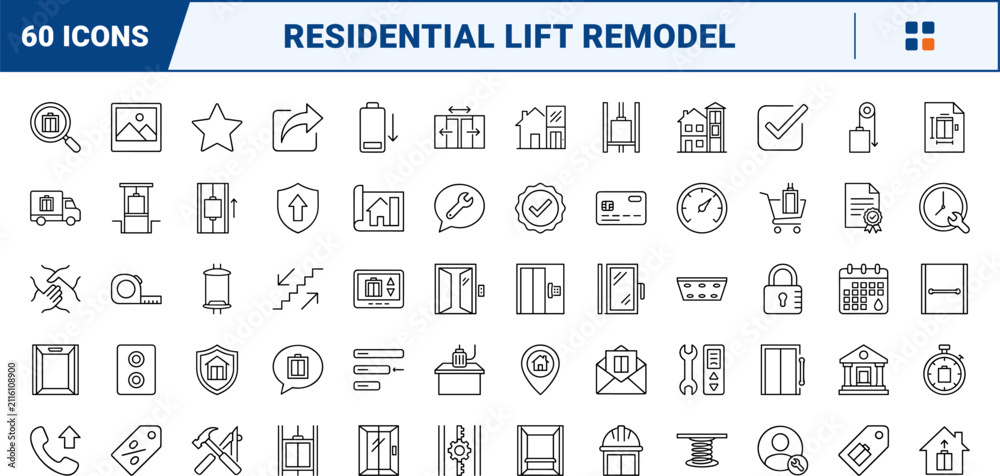 Fototapeta premium Home elevator remodel line icon set. Vector pictograms of lift, shaft, accessibility, and renovation elements, thin linear illustration.