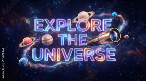 Cosmic 3D Astronomy Typography Reading Explore The Universe Surrounded By Mini Planets Floating Stars And Telescope Lens
