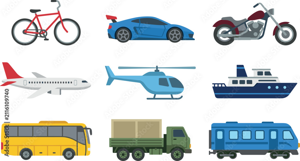 Naklejka premium Transportation Vehicles Flat Vector Icon Set with Bicycle, Sports Car, Motorcycle, Airplane, Helicopter, Cruise Ship, Bus, Cargo Truck, and Train Design Elements
