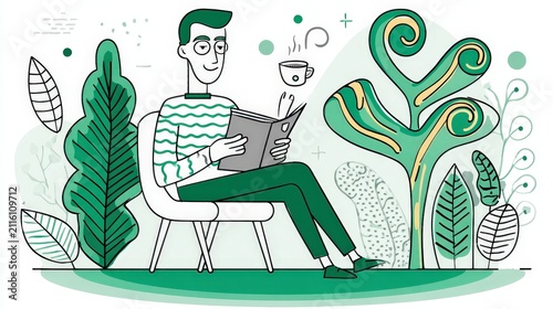 Illustration of a man reading a newspaper while relaxing outdoors with plants and a steaming cup