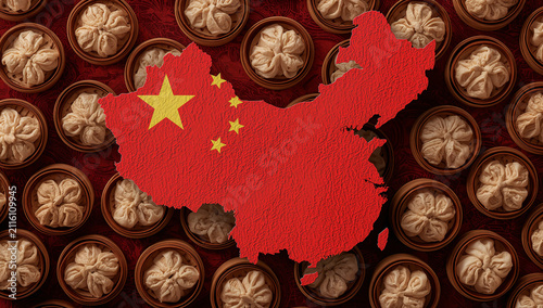 中国国旗テクスチャ地図シルエットと小籠包点心飲茶文化イラスト