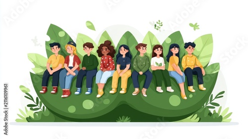 Diverse Group of Young Adults Sitting on Large Green Leaf in Nature Scene