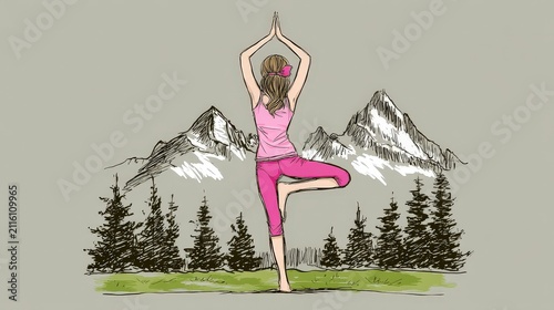 Woman practicing yoga in tree pose in scenic mountain landscape background