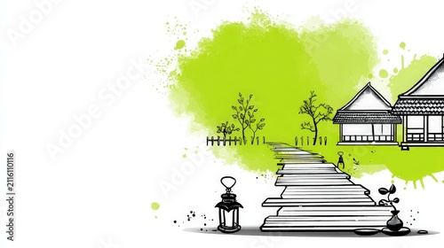 Scenic pathway leading to traditional house with lush green trees and outdoor lanterns in a peaceful countryside setting