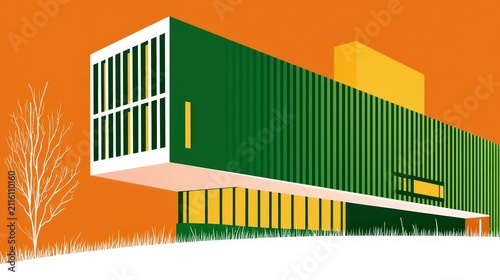 Modern Green Architectural Building with Elevated Design and Colorful Sky