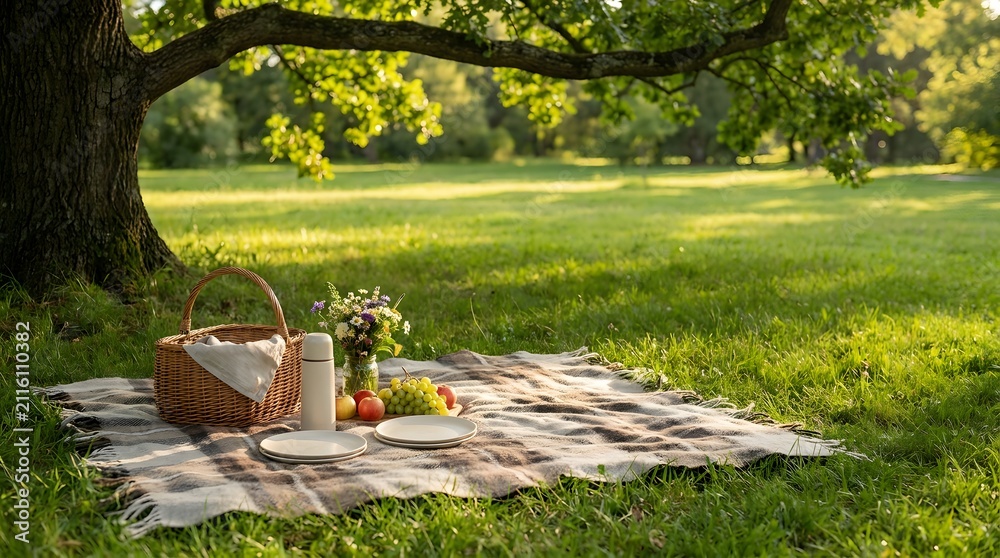 Fototapeta premium Cozy picnic setup with wicker basket blanket thermos and fresh fruits under big tree
