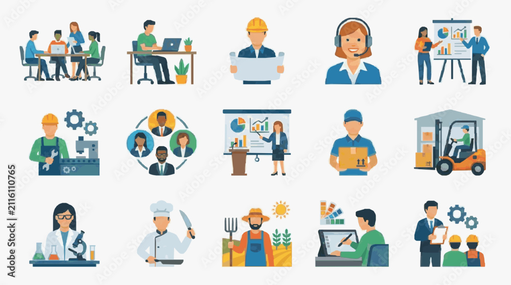 Fototapeta premium Sleek Colorful Illustrated Icons Showcasing Diverse Professional and Industry Roles with Modern Workplace Scenes