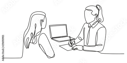 One continuous line drawing of a business meeting with a client and consultant