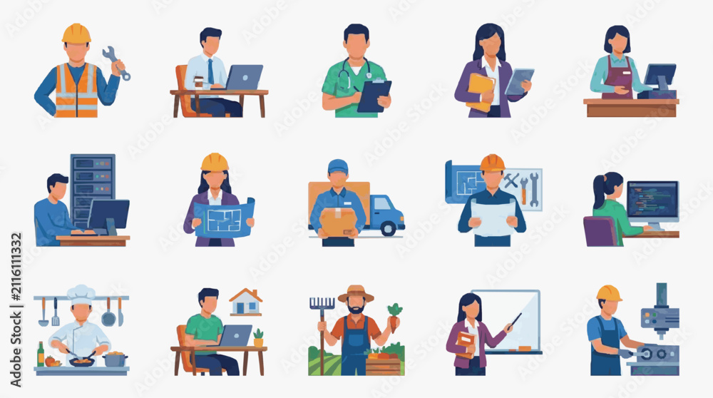 Fototapeta premium Minimalist Illustrations of Diverse Professional Careers with Colorful Icons and Tools with high quality professional line art symbols for modern creative design and digital branding projects
