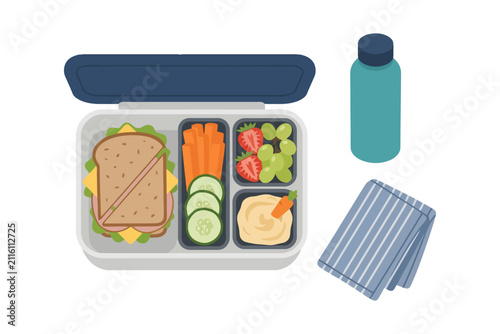 Colorful lunchbox with sandwich, vegetables, fruits, and water bottle.