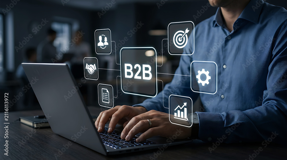 Fototapeta premium Businessman holding B2B icon network presenting business strategy concept