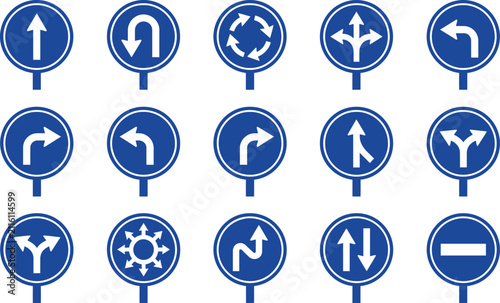 Essential Traffic Mandatory Signs Collection High Quality Vector Icons Set Of Blue Road Direction Symbols