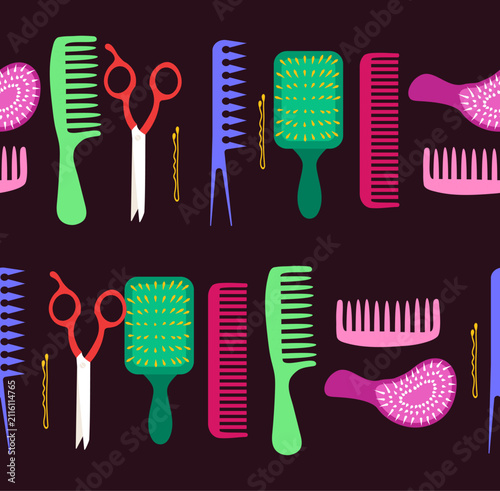 Vector illustration of colorful hairbrushes, combs, scissors and hairpins arranged as a seamless pattern on a dark background