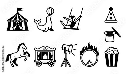 Circus icon set with tent seal ball trapeze artist party hat magic top hat horse wagon spotlight fire hoop and popcorn
