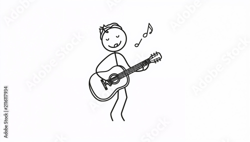 アコースティックギターを弾きながら楽しく歌う棒人間イラスト