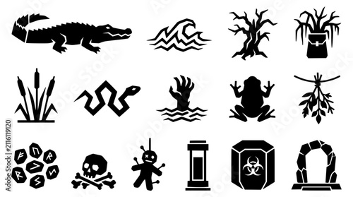 Fotografie Swamp icons in silhouette with alligator wave and voodoo doll for concept
