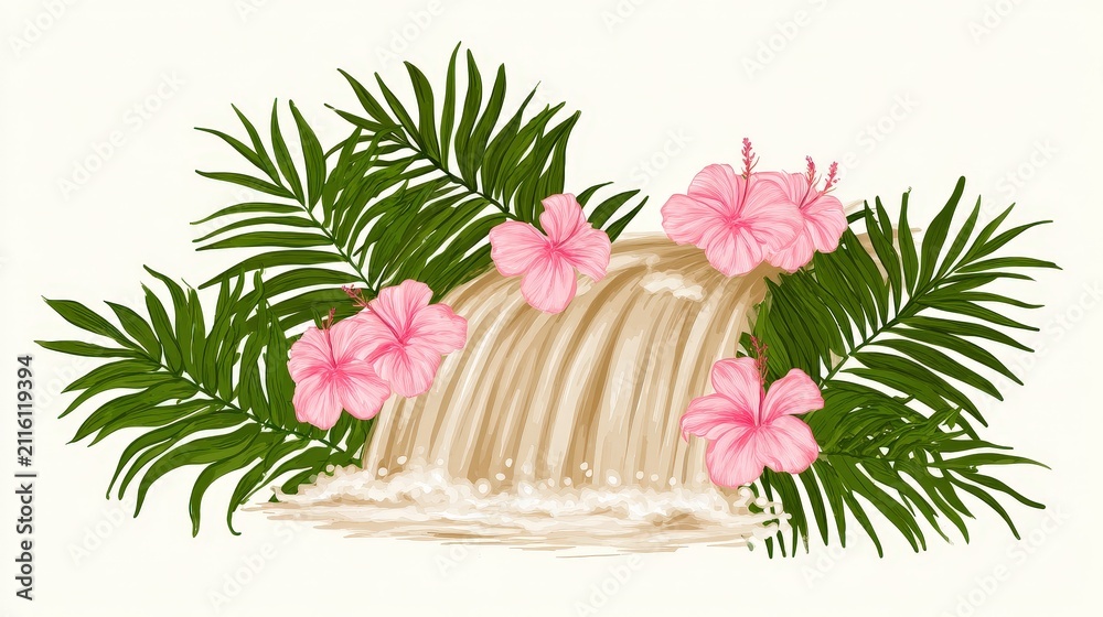 Obraz premium Tropical waterfall scene with lush green foliage and pink hibiscus flowers