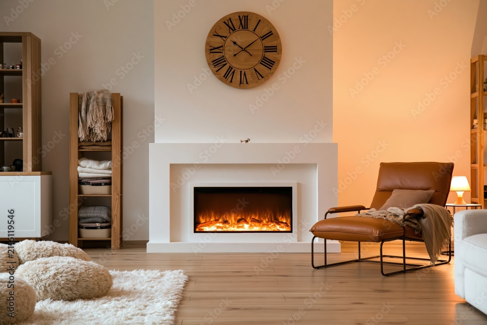 Obraz premium Interior of a modern living room with cozy electric fireplace and leather armchair
