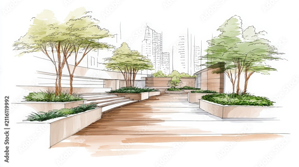 Fototapeta premium Modern urban park with trees greenery and city skyline in background