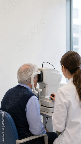 Retinal Imaging for Seniors During Preventive Eye Examination in Ophthalmology Clinic Vertical