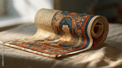 thangka. Thangka scroll curved on linen cloth, hand-painted Buddha face with mineral pigments, sacred art and mindfulness display concept, event programs.