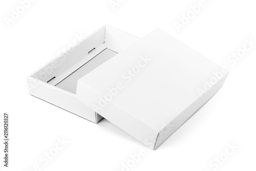 Blank open white cardboard box mockup with lid isolated on white background