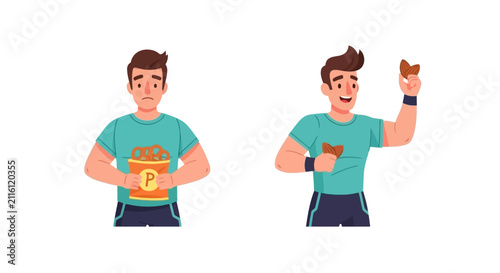 Cartoon Man Eating Snacks and Junk Food Comparison