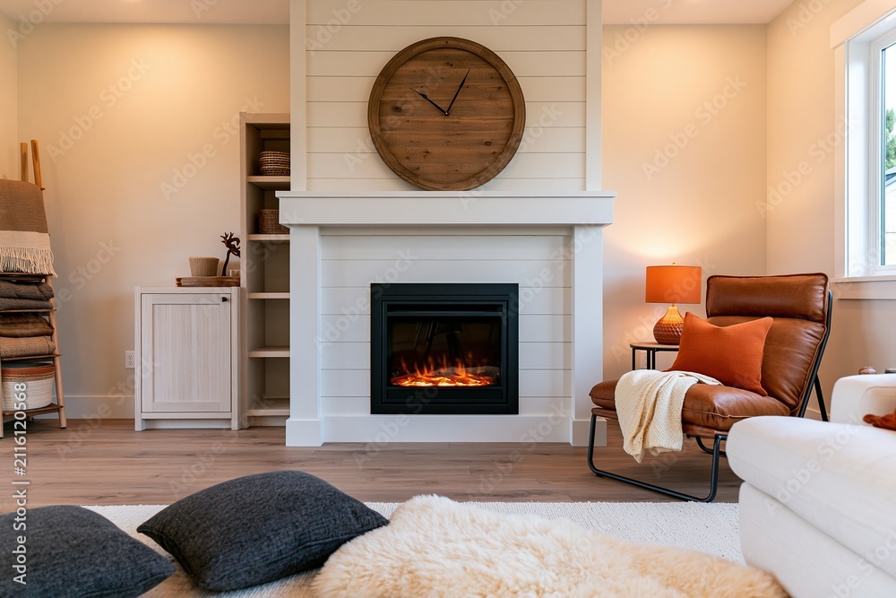 Obraz premium Living room interior with modern farmhouse decor and cozy leather fireplace design