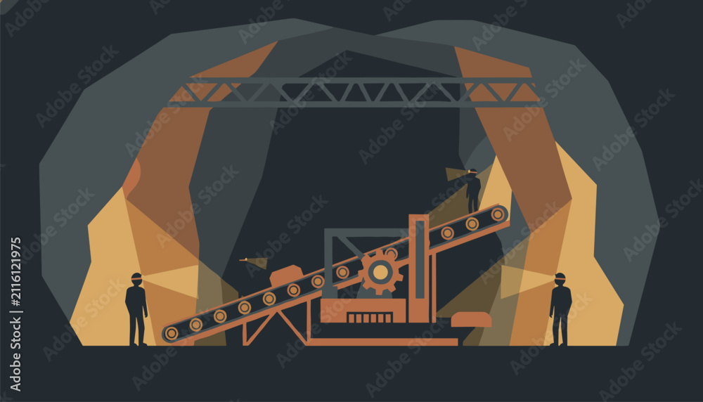 Fototapeta premium Workers in a tunnel operating a conveyor belt machinery system illuminated by headlamp beams against rocky cave walls.