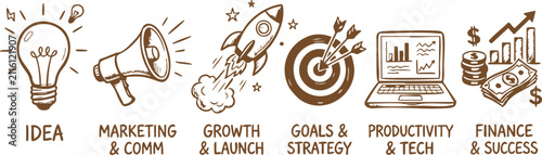 Set of hand drawn business concept icons including idea light bulb marketing megaphone rocket growth target goal Vector
