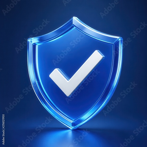 Blue security shield with check mark symbol representing protection verification and trust concept