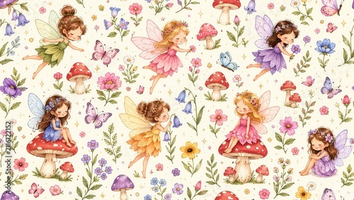 Seamless fairy pattern with cute winged girls flowers butterflies mushrooms and magical garden art