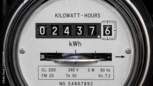 Closeup electric power meter displaying energy consumption data for utility monitoring and billing