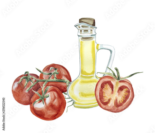 Watercolor ripe red tomatoes on branch and olive oil bottle isolated on white background