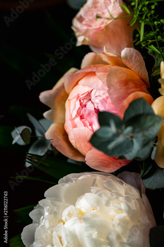Macro shot of fresh bunch of peonies bouquet of different colors. Card Concept, gentle abstract floral background image, close up, shallow DoF
