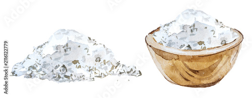 Watercolor sea salt pile and salt in wooden bowl isolated on white background