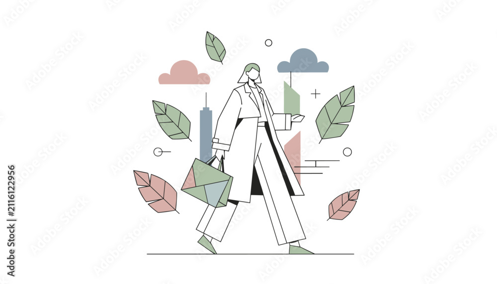 Obraz premium Stylish woman carrying shopping bags while walking among falling autumn leaves in a minimalist vector style illustration.